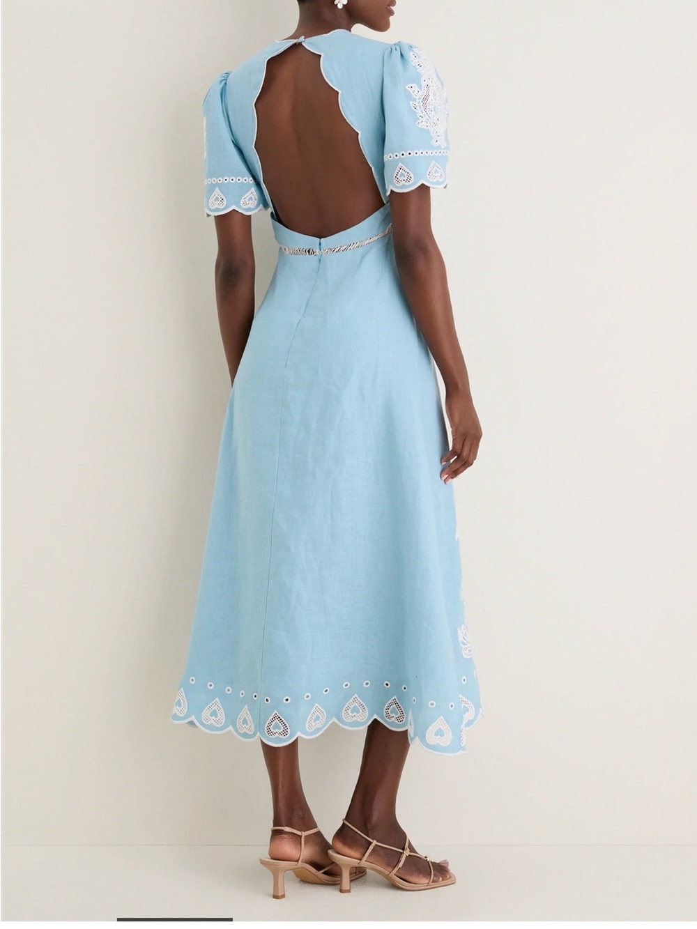 FARM Rio Light Blue Embroidery Short Sleeve Midi Dress - Picture 2 of 5
